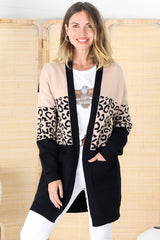 Corbin Cardigan -  Leopard Print Colour Block Cardigan with Pockets in Camel/Black