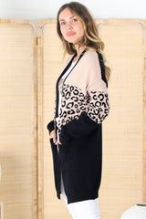 Corbin Cardigan -  Leopard Print Colour Block Cardigan with Pockets in Camel/Black