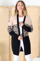 Corbin Cardigan -  Leopard Print Colour Block Cardigan with Pockets in Camel/Black