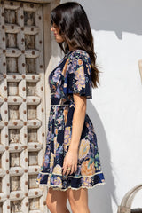 Corina Mini Dress - Lace Trim Button Down Dress with Flutter Sleeves in Ana Print Navy