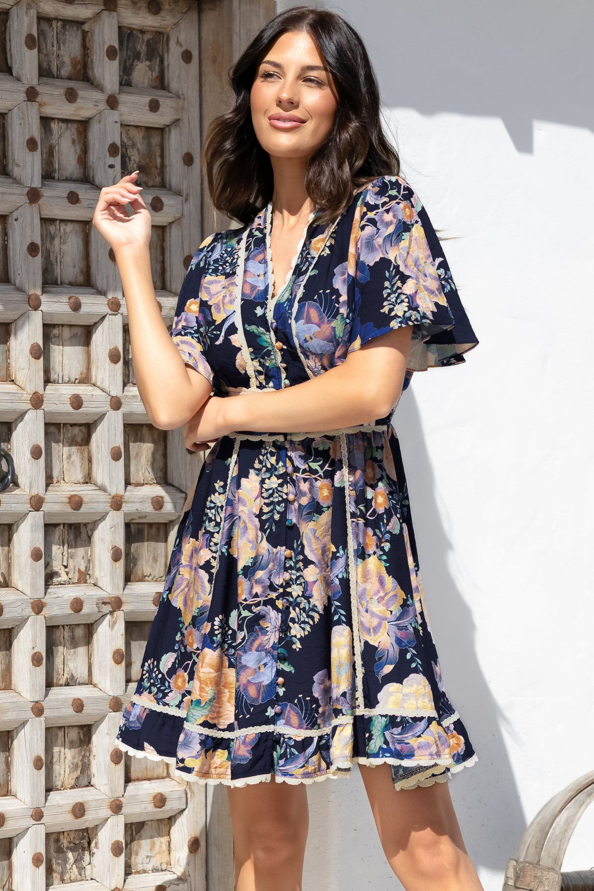 Corina Mini Dress - Lace Trim Button Down Dress with Flutter Sleeves in Ana Print Navy