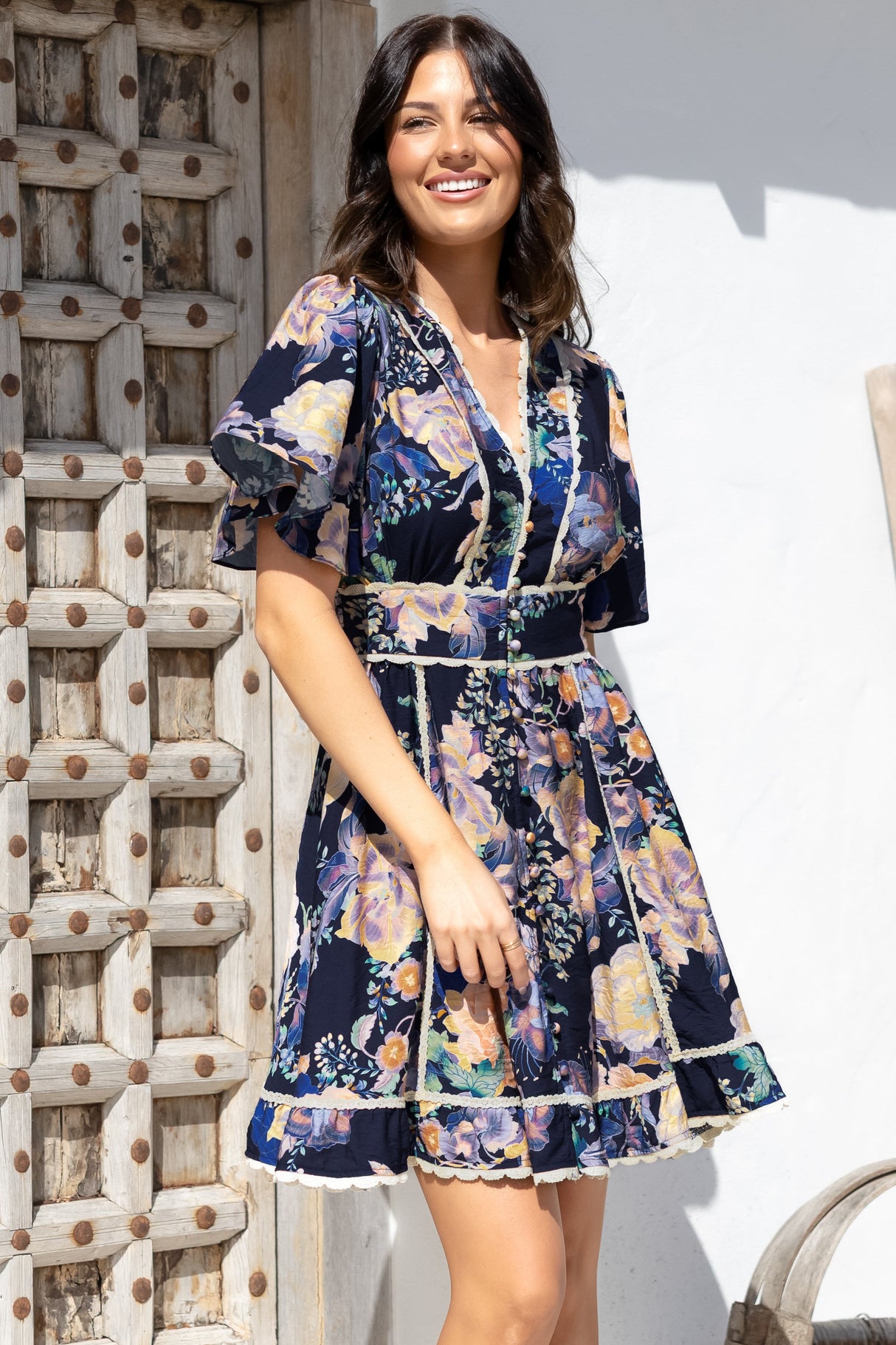 Corina Mini Dress - Lace Trim Button Down Dress with Flutter Sleeves in Ana Print Navy