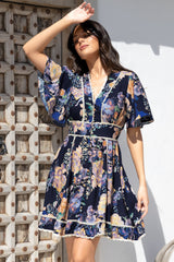 Corina Mini Dress - Lace Trim Button Down Dress with Flutter Sleeves in Ana Print Navy