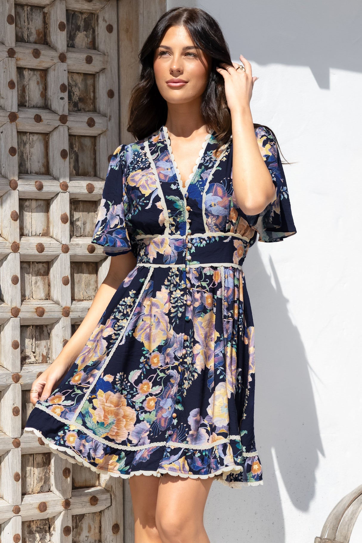Corina Mini Dress - Lace Trim Button Down Dress with Flutter Sleeves in Ana Print Navy