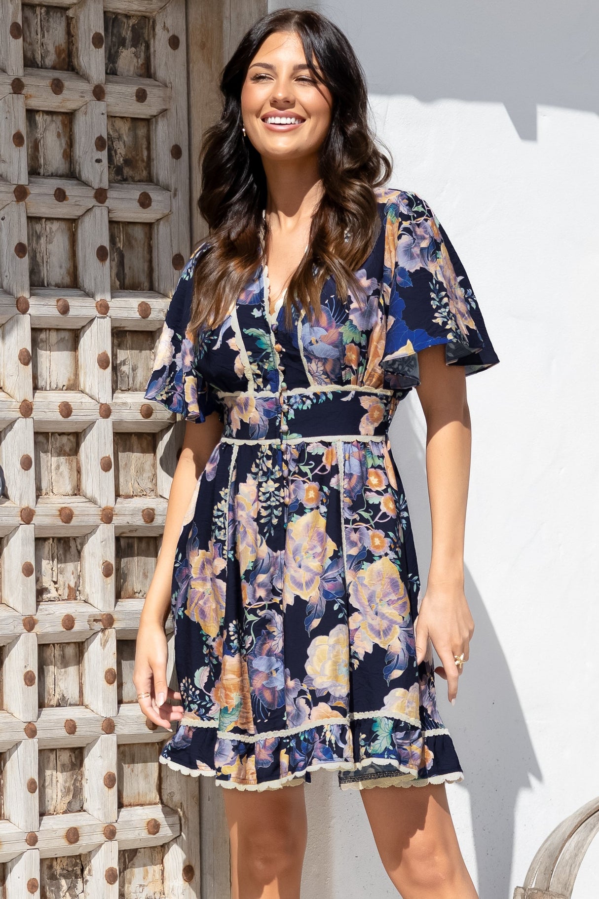 Corina Mini Dress - Lace Trim Button Down Dress with Flutter Sleeves in Ana Print Navy