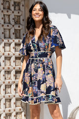 Corina Mini Dress - Lace Trim Button Down Dress with Flutter Sleeves in Ana Print Navy