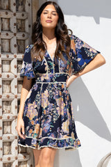 Corina Mini Dress - Lace Trim Button Down Dress with Flutter Sleeves in Ana Print Navy