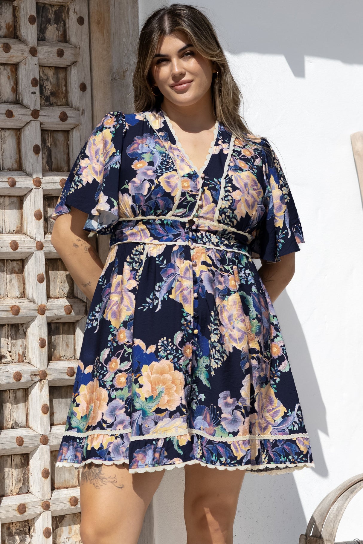 Corina Mini Dress - Lace Trim Button Down Dress with Flutter Sleeves in Ana Print Navy