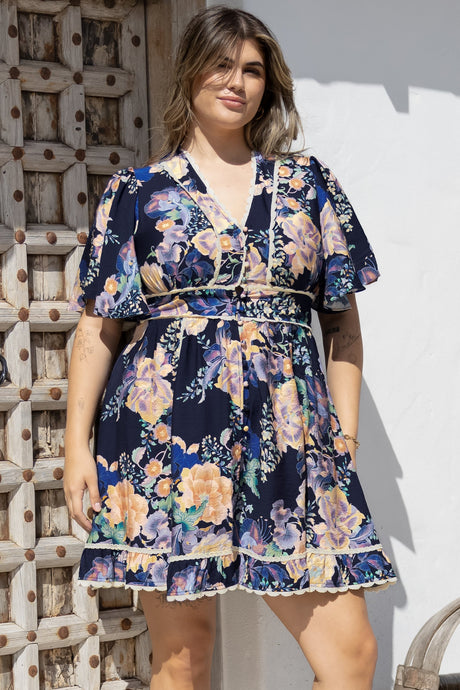 Corina Mini Dress - Lace Trim Button Down Dress with Flutter Sleeves in Ana Print Navy