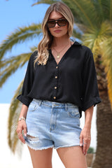 Corina Shirt - Relaxed Button Down Shirt with Sun Hollow-Out Back Decal in Black
