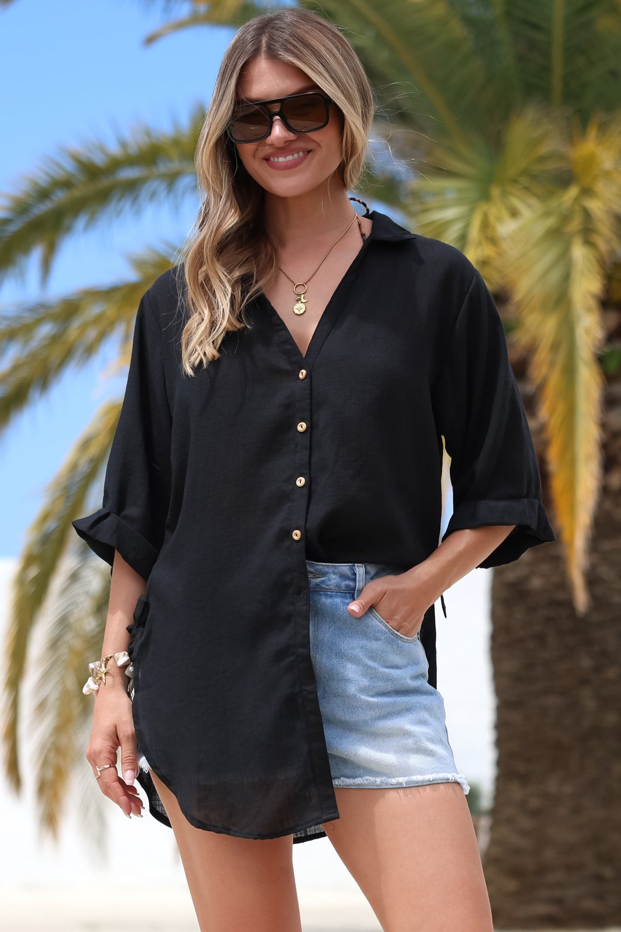 Corina Shirt - Relaxed Button Down Shirt with Sun Hollow-Out Back Decal in Black