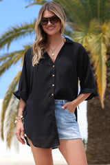 Corina Shirt - Relaxed Button Down Shirt with Sun Hollow-Out Back Decal in Black
