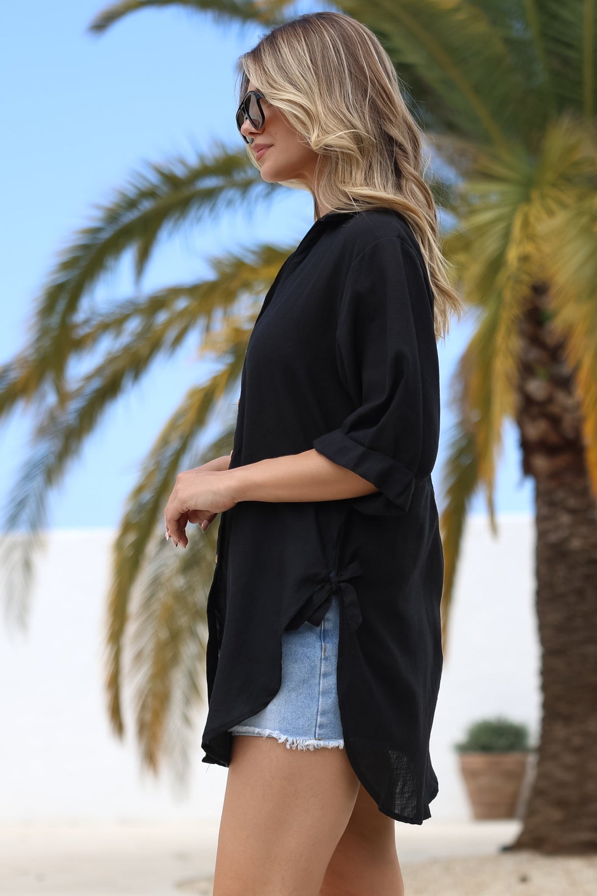 Corina Shirt - Relaxed Button Down Shirt with Sun Hollow-Out Back Decal in Black