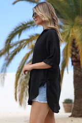 Corina Shirt - Relaxed Button Down Shirt with Sun Hollow-Out Back Decal in Black