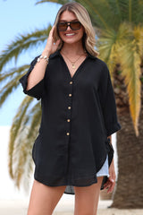 Corina Shirt - Relaxed Button Down Shirt with Sun Hollow-Out Back Decal in Black