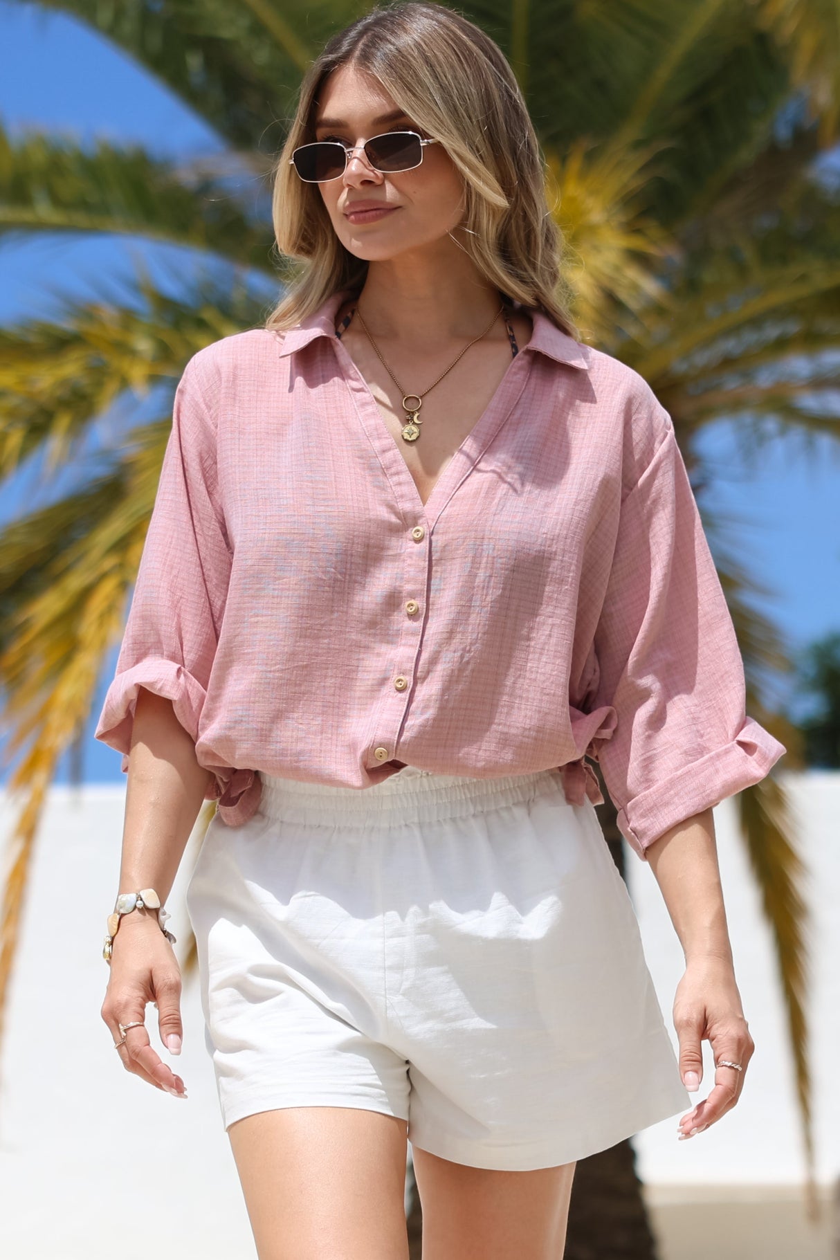 Corina Shirt - Relaxed Button Down Shirt with Sun Hollow-Out Back Decal in Blush