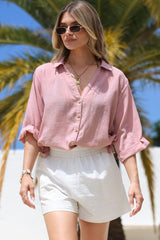 Corina Shirt - Relaxed Button Down Shirt with Sun Hollow-Out Back Decal in Blush