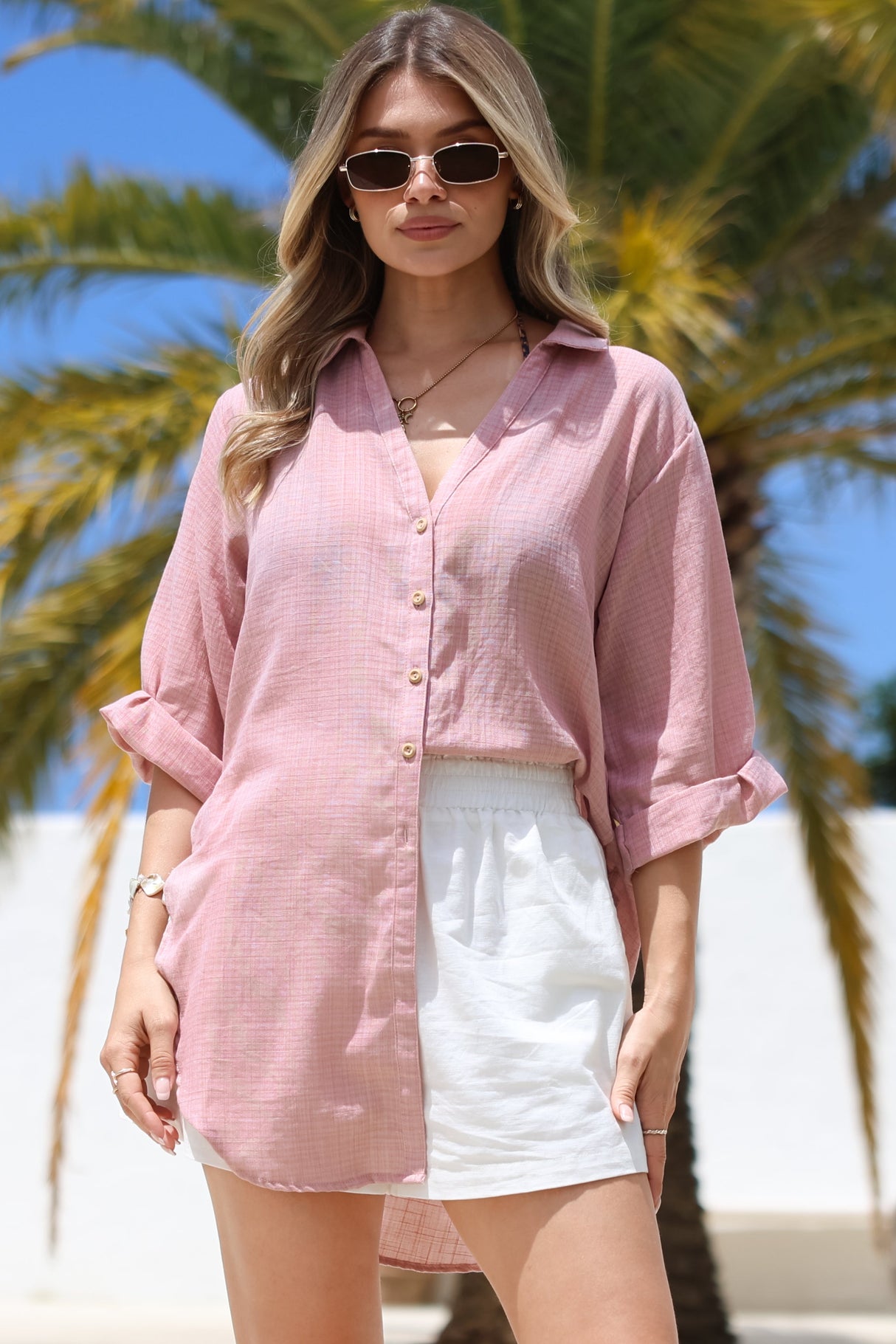Corina Shirt - Relaxed Button Down Shirt with Sun Hollow-Out Back Decal in Blush
