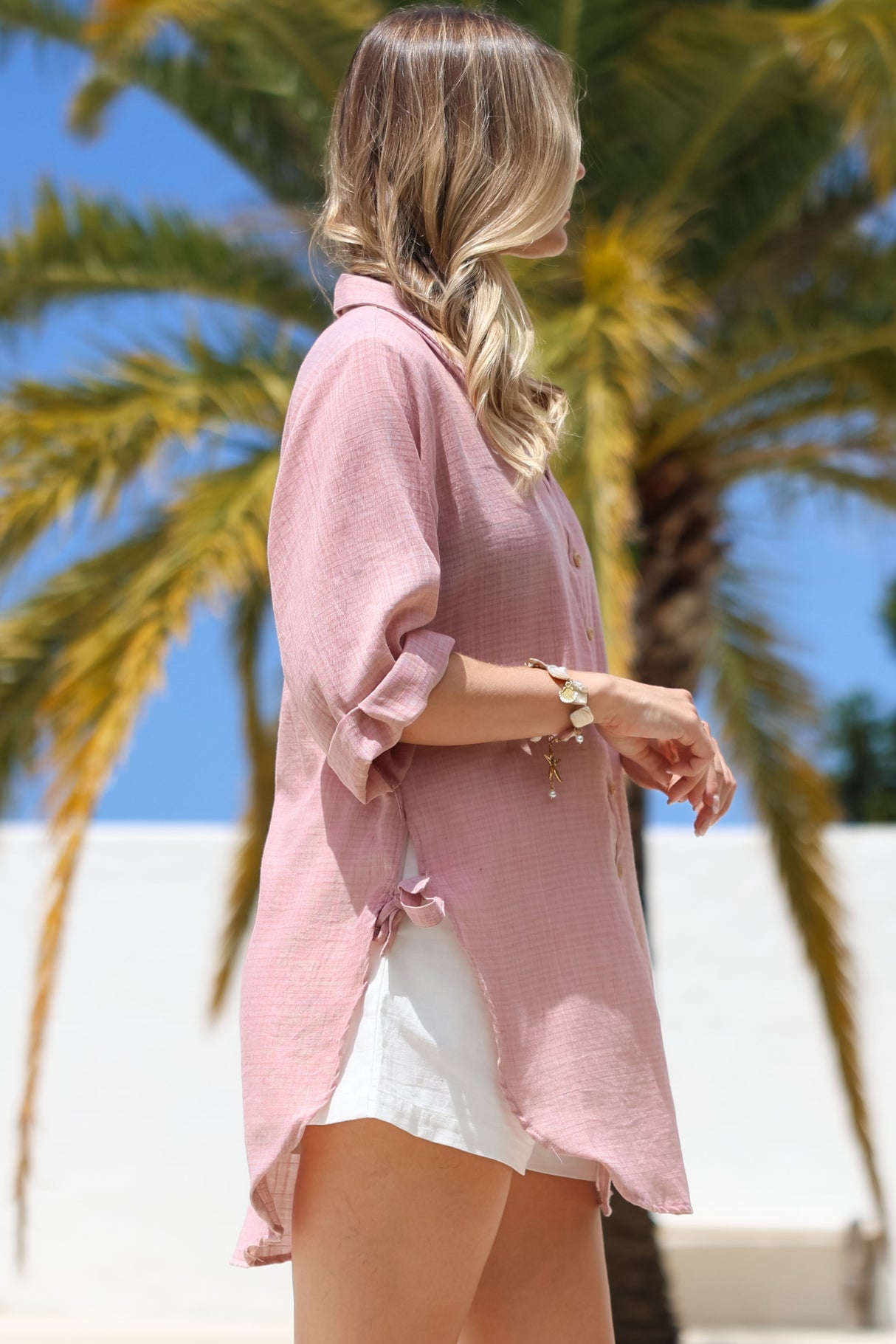 Corina Shirt - Relaxed Button Down Shirt with Sun Hollow-Out Back Decal in Blush