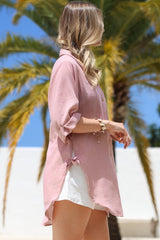 Corina Shirt - Relaxed Button Down Shirt with Sun Hollow-Out Back Decal in Blush