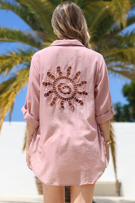 Corina Shirt - Relaxed Button Down Shirt with Sun Hollow-Out Back Decal in Blush