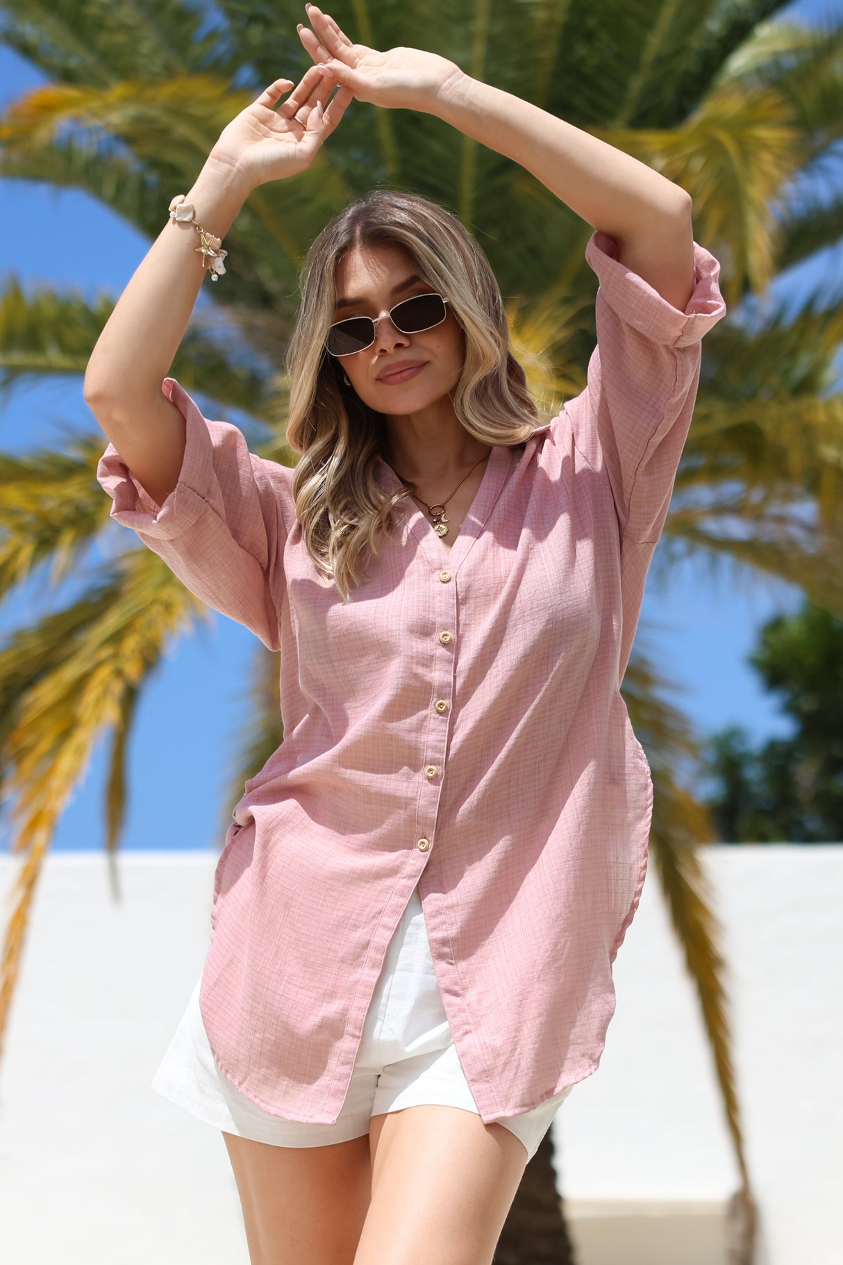 Corina Shirt - Relaxed Button Down Shirt with Sun Hollow-Out Back Decal in Blush