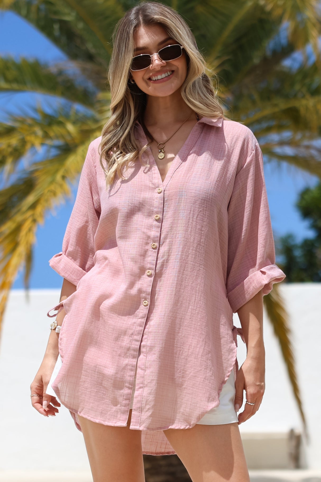 Corina Shirt - Relaxed Button Down Shirt with Sun Hollow-Out Back Decal in Blush