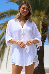 Corina Shirt - Relaxed Button Down Shirt with Sun Hollow-Out Back Decal in White