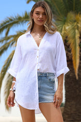 Corina Shirt - Relaxed Button Down Shirt with Sun Hollow-Out Back Decal in White