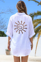 Corina Shirt - Relaxed Button Down Shirt with Sun Hollow-Out Back Decal in White