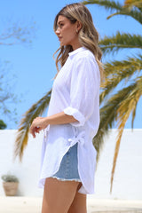 Corina Shirt - Relaxed Button Down Shirt with Sun Hollow-Out Back Decal in White