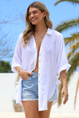 Corina Shirt - Relaxed Button Down Shirt with Sun Hollow-Out Back Decal in White
