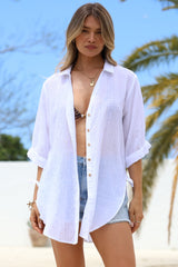 Corina Shirt - Relaxed Button Down Shirt with Sun Hollow-Out Back Decal in White