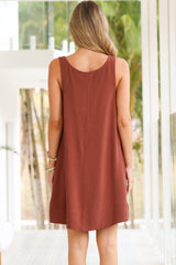 Corvina Mini Dress - Round Neck Swing Dress with Low Back Tie Detail in Terracotta