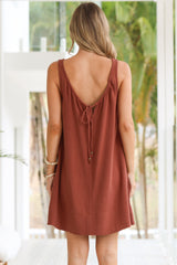 Corvina Mini Dress - Round Neck Swing Dress with Low Back Tie Detail in Terracotta