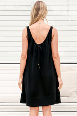 Corvina Mini Dress - Round Neck Swing Dress with Low Back Tie Detail in Black