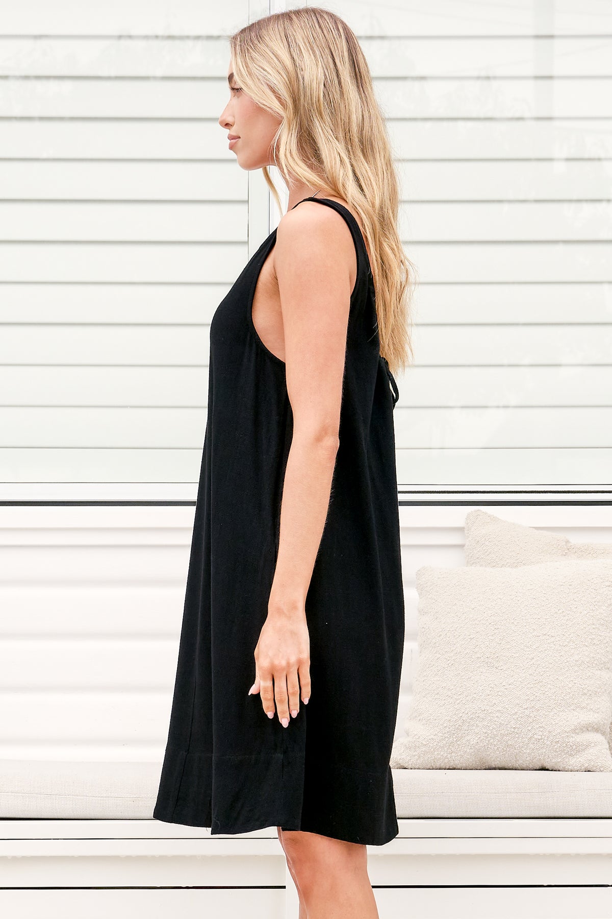 Corvina Mini Dress - Round Neck Swing Dress with Low Back Tie Detail in Black