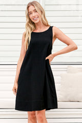 Corvina Mini Dress - Round Neck Swing Dress with Low Back Tie Detail in Black