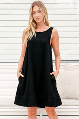 Corvina Mini Dress - Round Neck Swing Dress with Low Back Tie Detail in Black