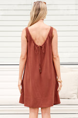 Corvina Mini Dress - Round Neck Swing Dress with Low Back Tie Detail in Terracotta