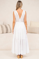 Cosette Maxi Dress - Deep Wrap Front V Neck and Back Tiered Dress with Waist Tie in White