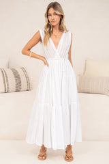 Cosette Maxi Dress - Deep Wrap Front V Neck and Back Tiered Dress with Waist Tie in White