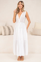 Cosette Maxi Dress - Deep Wrap Front V Neck and Back Tiered Dress with Waist Tie in White
