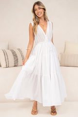 Cosette Maxi Dress - Deep Wrap Front V Neck and Back Tiered Dress with Waist Tie in White