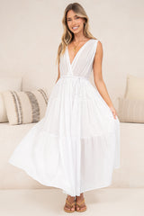 Cosette Maxi Dress - Deep Wrap Front V Neck and Back Tiered Dress with Waist Tie in White