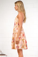 Cosmos Mini Dress - Beaded-Strap Tiered Dress in Celosia Print