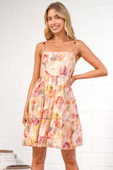 Cosmos Mini Dress - Beaded-Strap Tiered Dress in Celosia Print