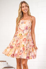 Cosmos Mini Dress - Beaded-Strap Tiered Dress in Celosia Print