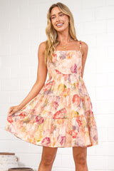 Cosmos Mini Dress - Beaded-Strap Tiered Dress in Celosia Print