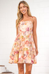 Cosmos Mini Dress - Beaded-Strap Tiered Dress in Celosia Print